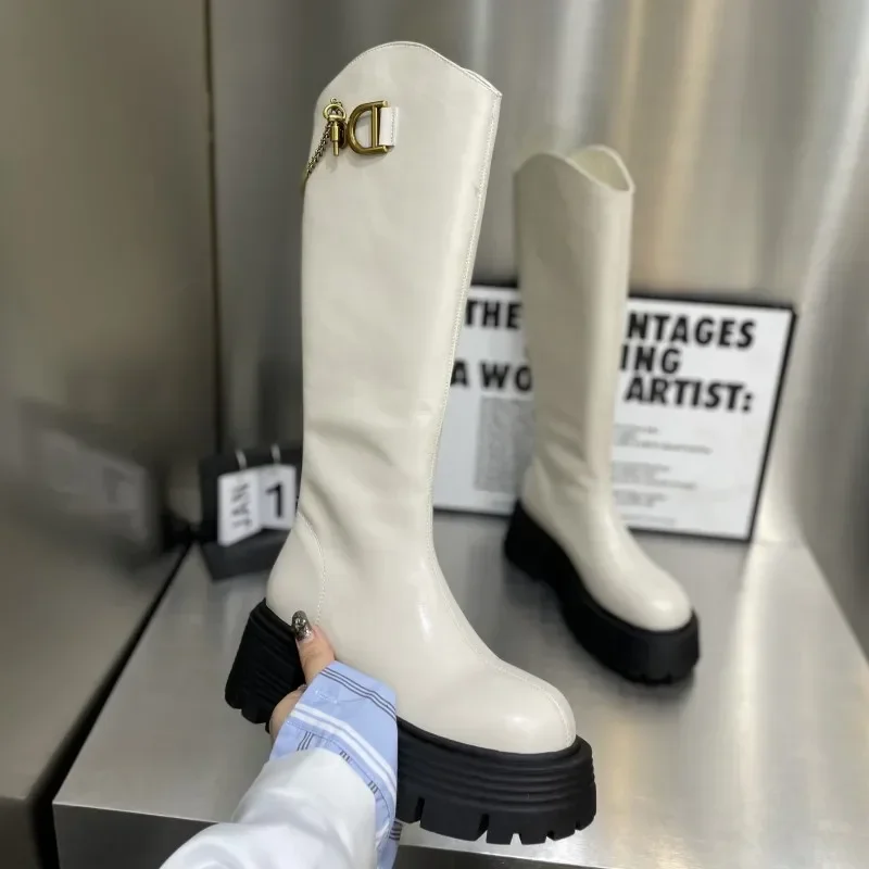 Flats Chain Chelsea Boots Women Knee High Platform Casual Shoes 2023 New Winter Fashion Chunky Gladiator Goth Motorcycle Botas