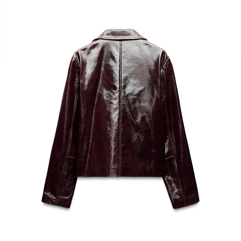 Vintage PU Leather Lapel Jackets Women Casual Loose Single Breasted Jackets Female 2025 Spring Chic High Street Outwear Tops