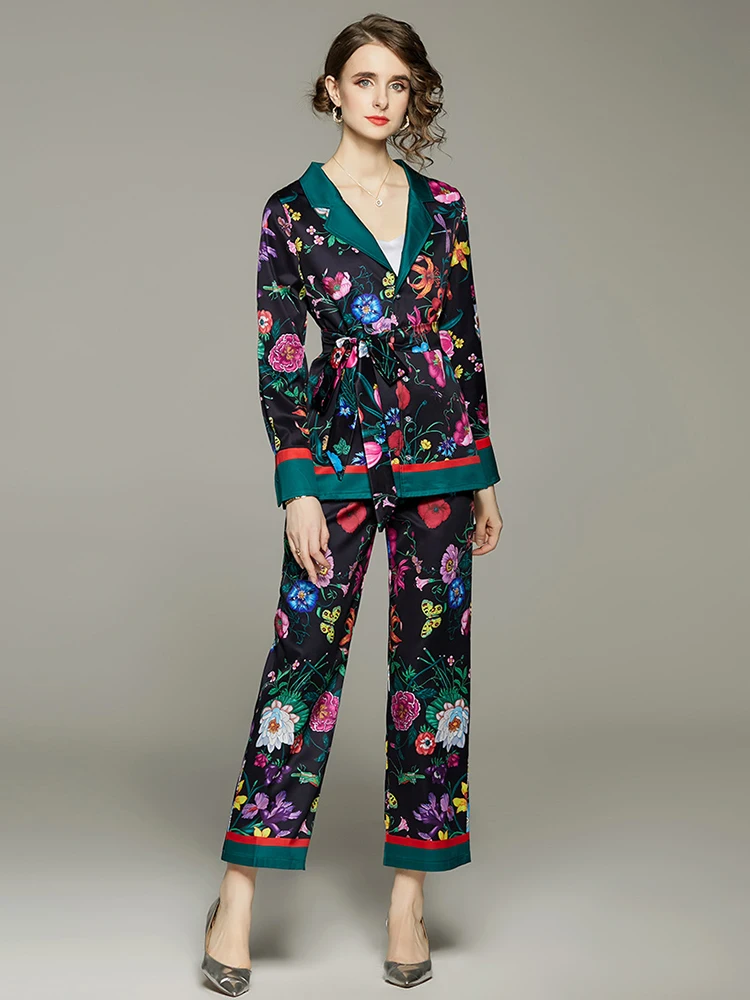 

Women's Office Suit Fashion Blazer Pantsuit Stripe Floral Print Suit Collar Long Sleeve + Trousers 2 Piece Set Brazer M8689