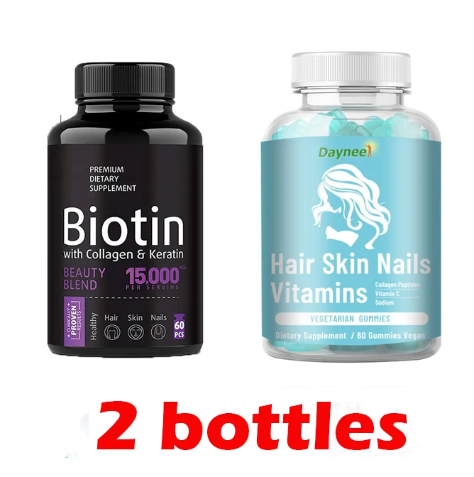 

2 Bottles Biotin Capsule and Vitamins Gummies Promotes Hair Growth Strengthens Nails Reduces Splitting Protects Nails