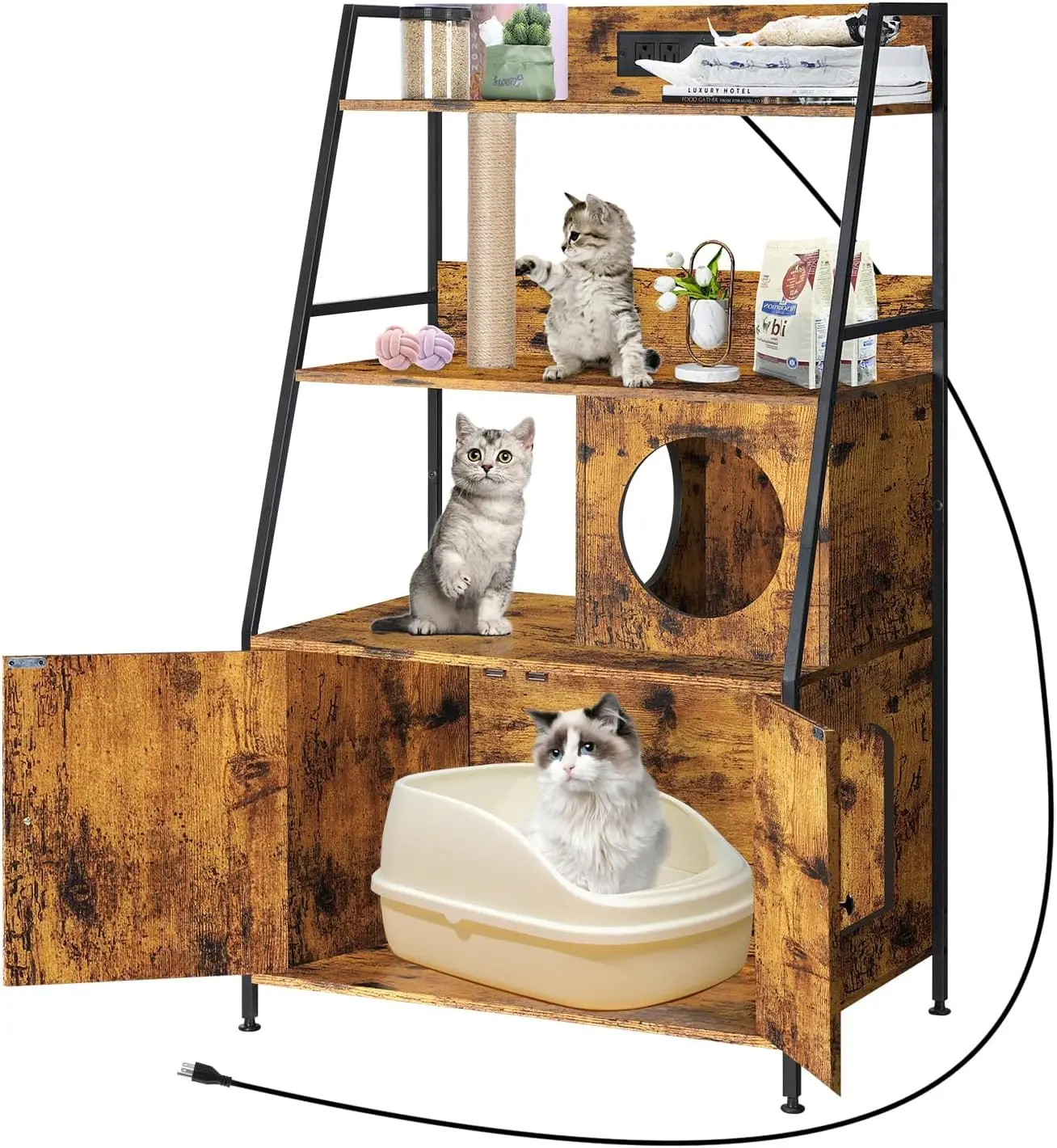 Cat Litter Box Enclosure with 2 Storage Shelves Enclosure Furniture with Charging Station Cat Washroom Cat Tree Tower