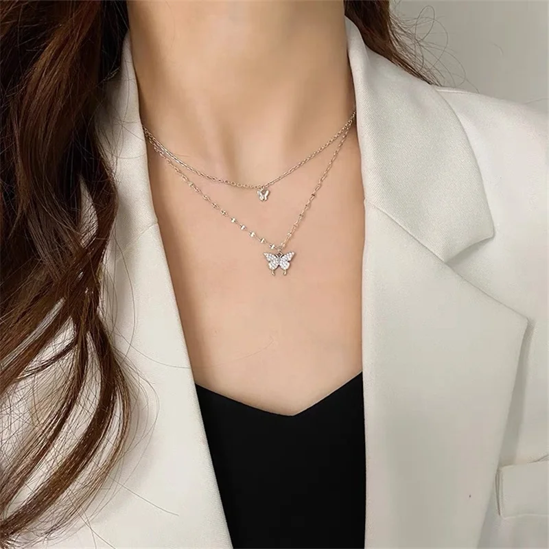 Double Layer Shiny Butterfly Cute Necklace Fashion Women's Temperament Clavicle Chain Romantic All-match Jewelry For Ladies Gift