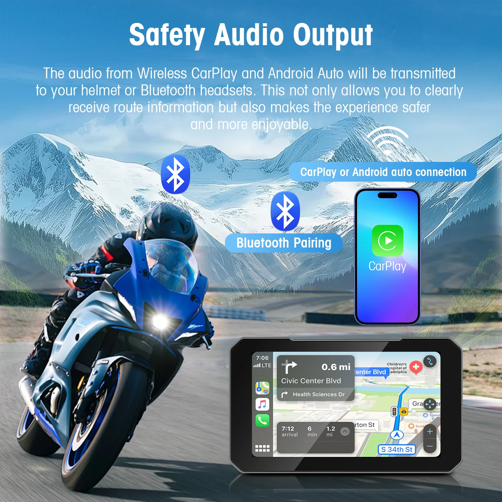 Ezonetronics 5인치 터치스크린 오토바이 카플레이 스크린 무선 카플레이 및 안드로이드 오토 지원 IP67 방수