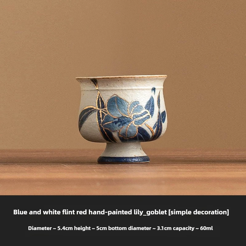 Blue and white flint red ceramic teacup gold painted hand painted lily tall cup master cup household kung fu tea cup single