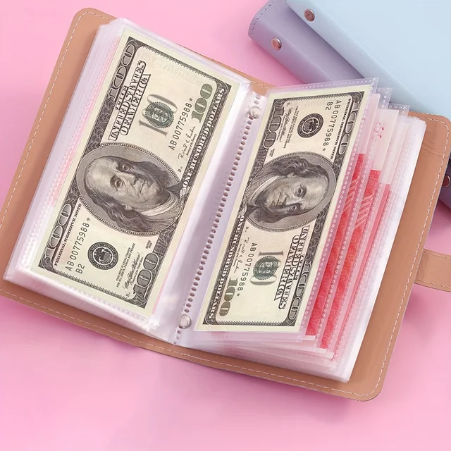 1 livre de rangement de billets de banque en matériau PU, peut contenir 100 billets de banque, avec photos de billets de banque, timbres, livre de rangement de cartes bancaires 2