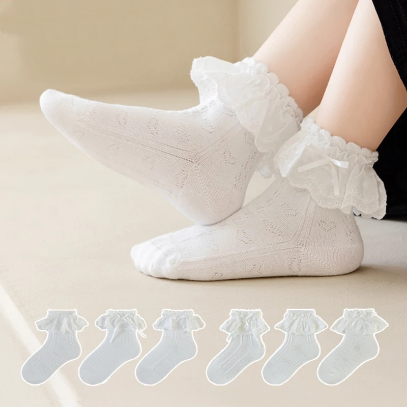 Lot De 2 Paires De Chaussettes Lolita Blanc Dentelle Avec Nœud - Pour Robe Lolita, Tenue Fête | LLOUSSAK