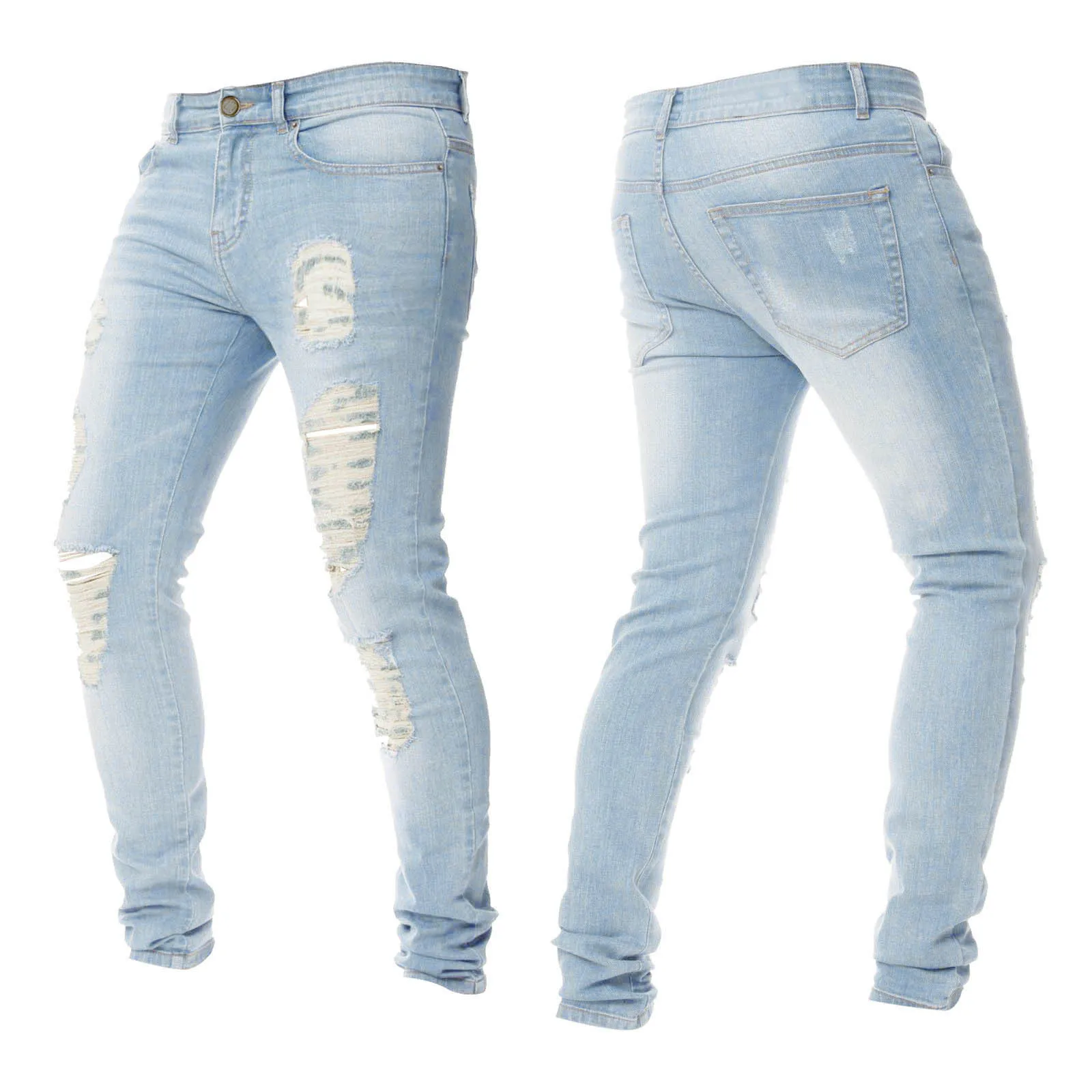 

Skinny Jeans Men Spring Fall Elasticity Slim Pencil Pants Slim Fit Straight Tube Casual Hole Ripped Blue Denim Jeans Men Clothes