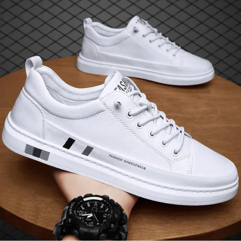 

Men's Leather Sneakers Spring Round Head Low Top Flats Comfortable Casual Lightweight Walking Shoes Tenis Corrida Masculino