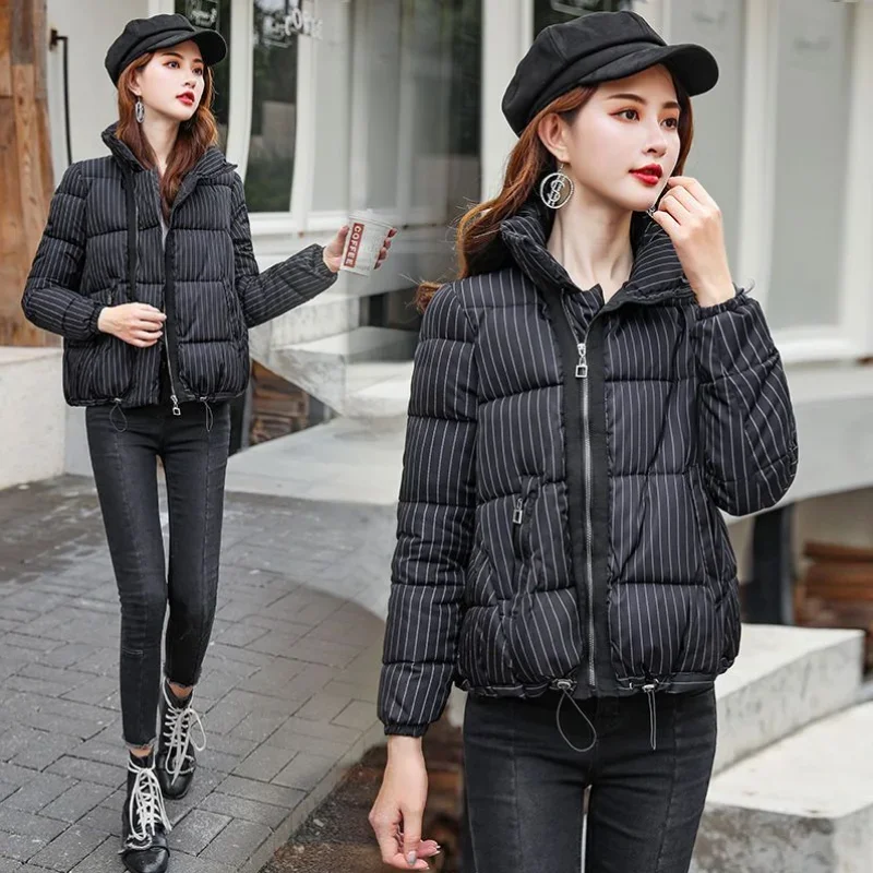 

Short Cropped Woman Coat Thick Padding Black Quilted Padded Stripe Jackets for Women Duck Down Inter Special Youthful Clothes