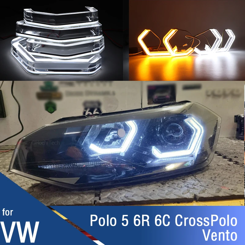 Per Volkswagen Vw Polo 5 6R 6C Crosspolo Vento White M4 Style Led Crystal Angel Eye Kit Luce Diurna Con Indicatori Di Direzione Gialli