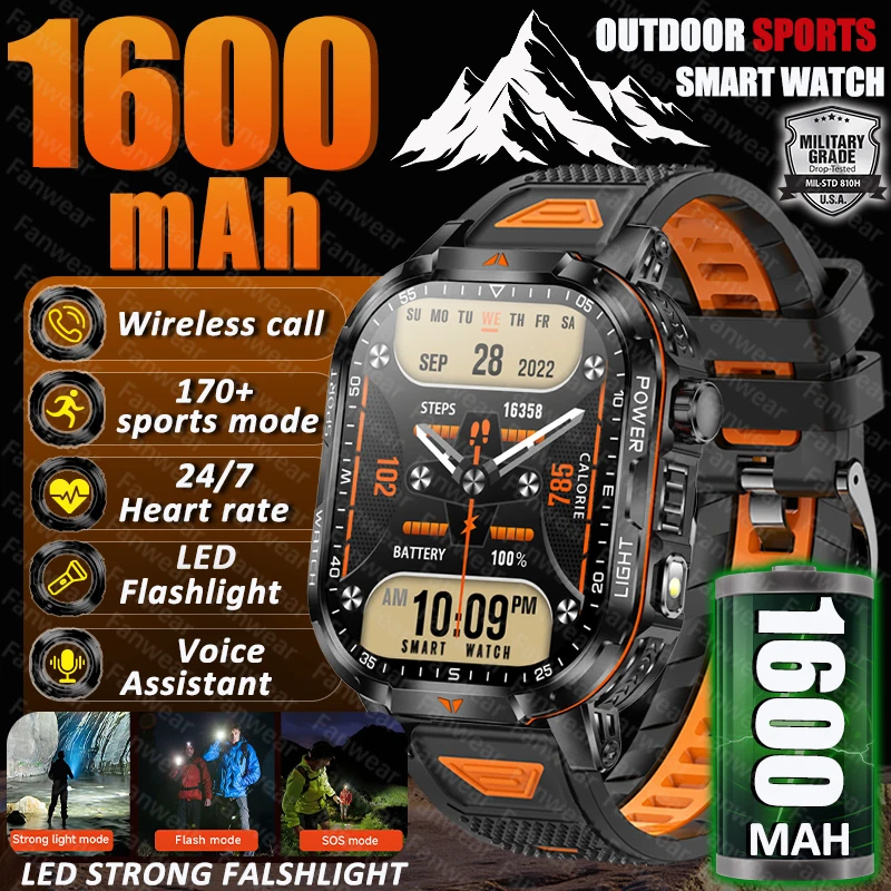 2026 야외용 군용 스마트워치 남성용 1600mAh 배터리 대기시간 200일 LED 손전등 170+ 스포츠 모드 블루투스 건강 시계