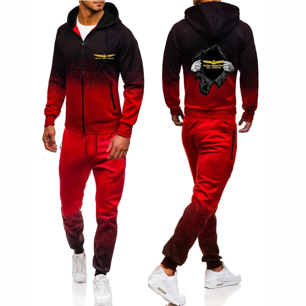 2023 Spring Autumn Goldwing GL1800 GL1500 Motocycles Print Zipper Hooded Sweatshirts+Sweatpant Hip Hop Trendy Gradient Color Set