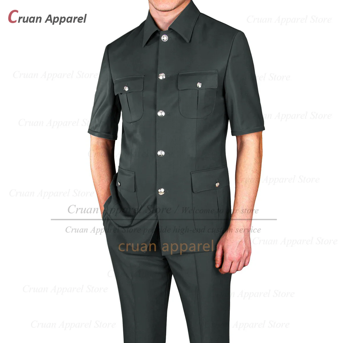 Fashion Men Suit Set Chinese Tunic Suit Summer Wedding Business Slim Fit Blazer Pants 2 Pieces Formal Men Short Sleeve Jackets mens suit