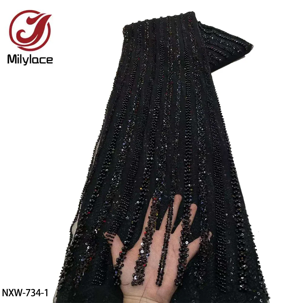 

African Heavy Beaded Lace Fabric High Quality Nigerian Sequins Lace French Tulle Fabric for Party Dress Sew NXW-734