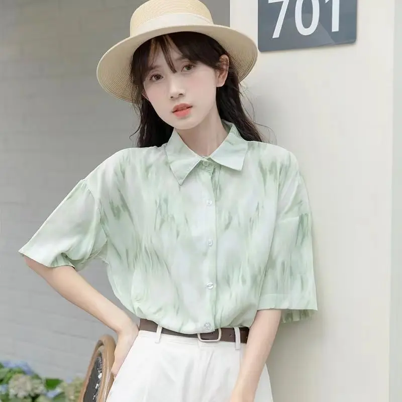 

EBAIHUI Women Tie Dye Short Sleeve Shirt Tops Lady Button Loose Blouses Korean Vintage Light Green Women's Clothing 2023 New
