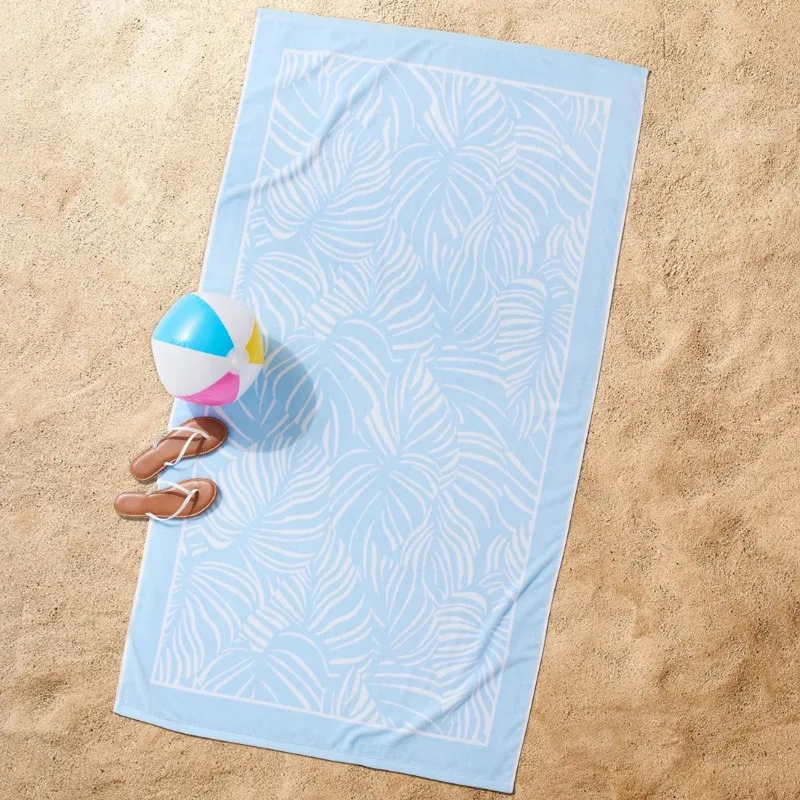 

Extra Large Oversized Cotton Blend Sky Blue Leaf Print Resort Beach Towel, 40" X 72"
