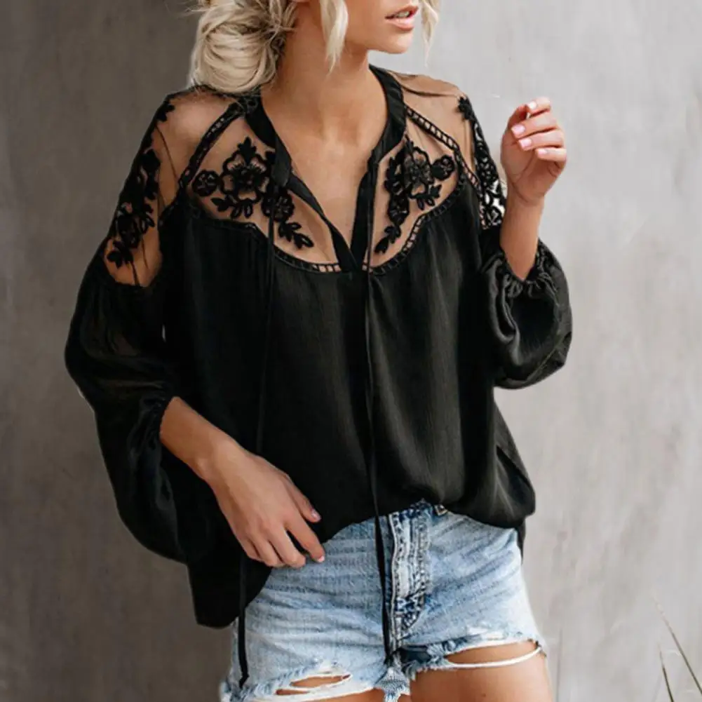 

Chiffon Blouse Regular Length Casual Blouse Pure Colors Summer Lace Mesh See-through Splicing Loose Top Shirt Breathable