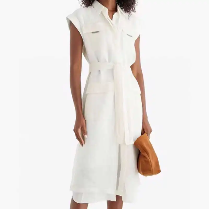 

2023 Summer New Women Lapel Sleeveless Mid-length Dress