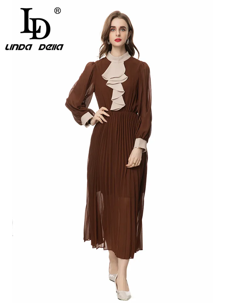 

LD LINDA DELLA Summer Runway Fashion Vintage Dress Women's Chiffon Cascading Ruffle Elastic Waist Pleated Medium length Dresses
