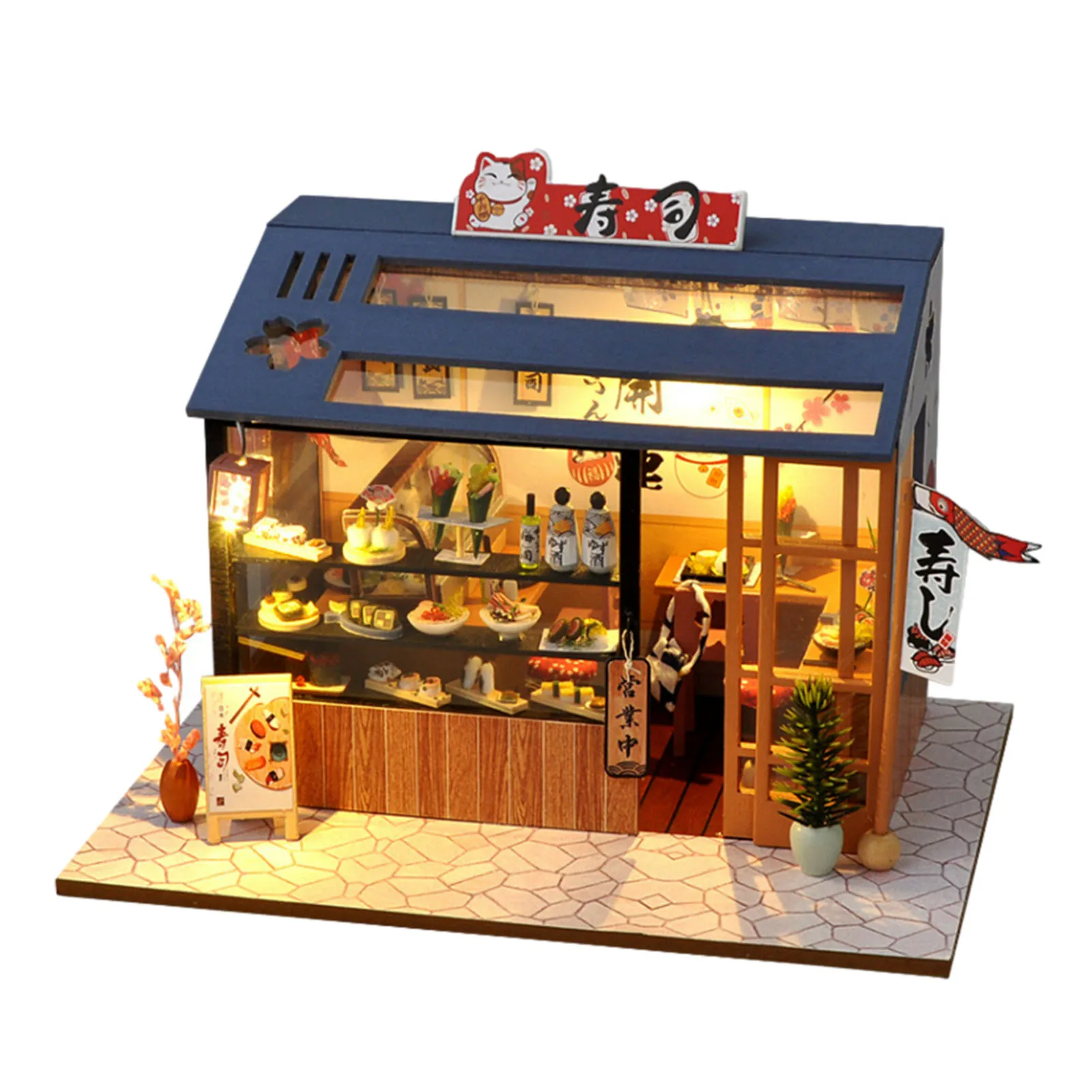 Japanese Doll House Miniature DIY Dollhouse Simulation Sushi Shop Model Toy Wooden Furnitures Children Toy Dollhouse Accessories