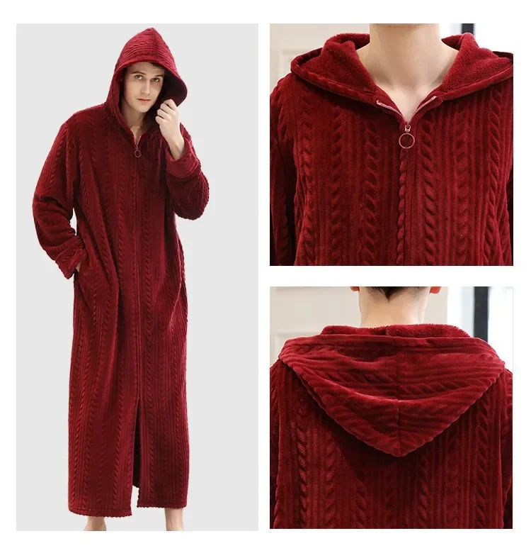 Men's Plus Fat and Oversized Home Clothes Winter Flannel Pajamas Zipper Bathrobe Warm Pajamas Solid Color Long Pajamas 7 undefined