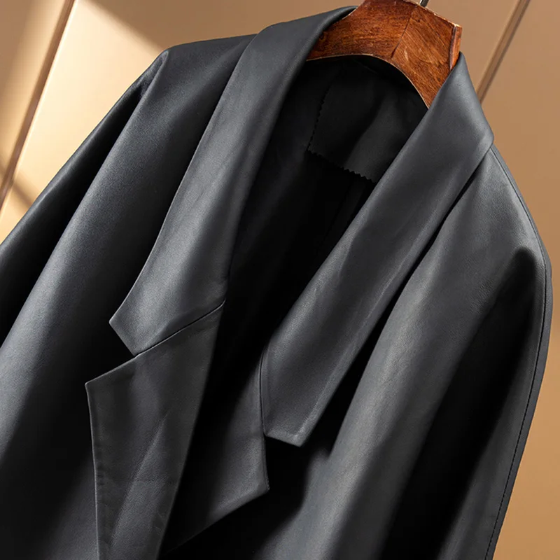 Lady Oversize Leather Jackets 2023 New Autumn Winter Sheepskin Coat Full Sleeve With Belt Women Clothing FG5452