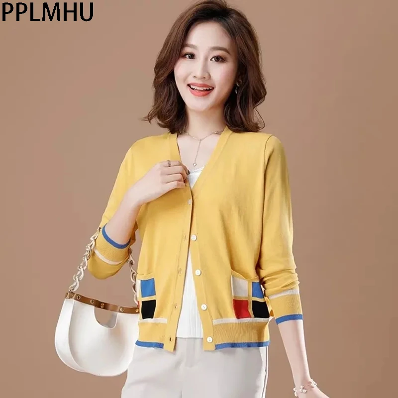 

Fashionable Women's Color Blocking Pocket Knitted Cardigan Top Women's Elegant Long Sleeved Sweater Large 3XL Versatile Cardigan