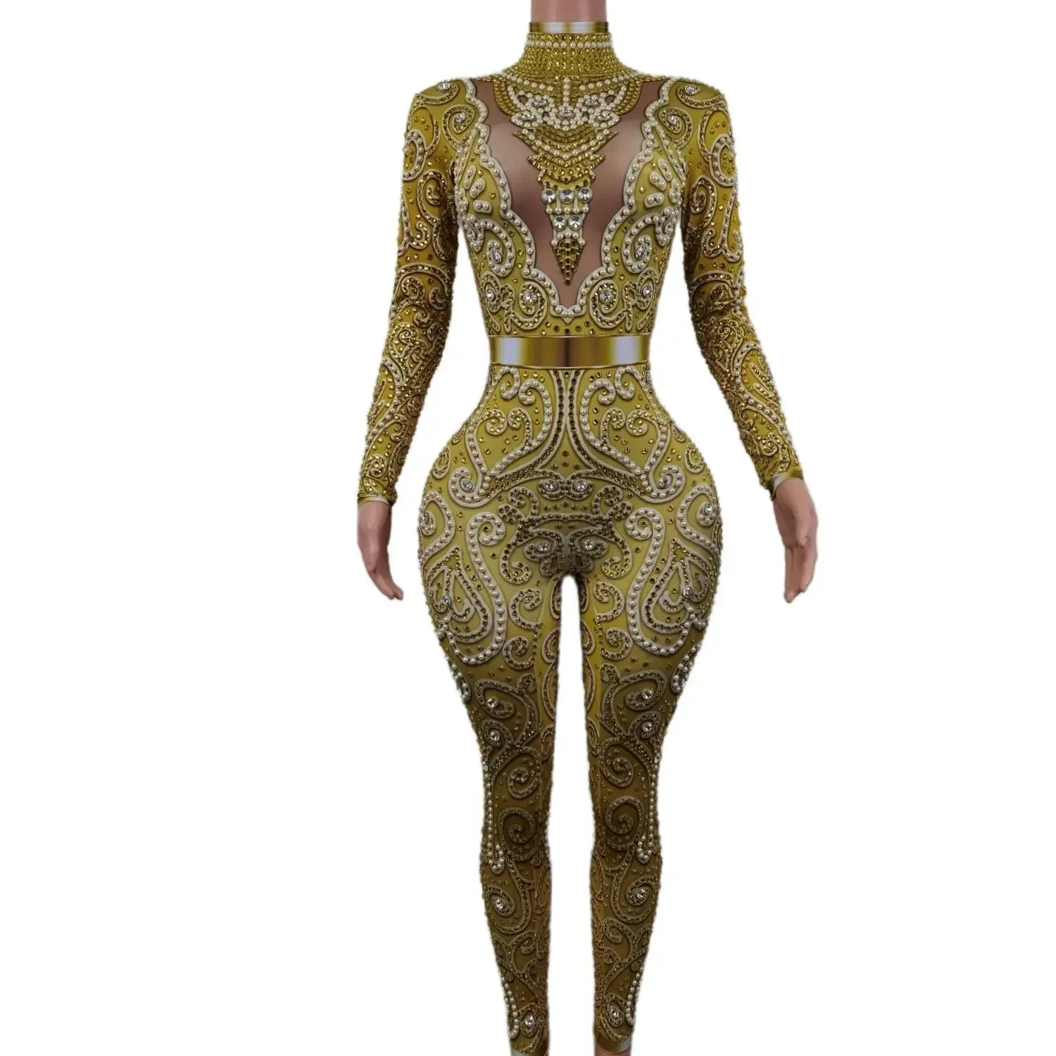 

Sexy Sparkly Rhinestones Gold Spandex Jumpsuit Women Long Sleeve Birthday Party Bodysuit Dancer Singer Stage Performance Rompers