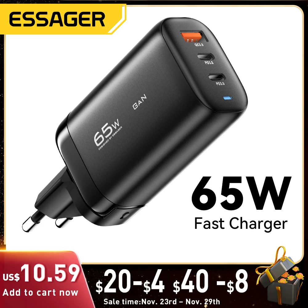 

Essager EU/US/KR/UK 65W GaN USB Type C Charger For Laptop PPS Fast Charge For Samsung QC3.0 PD3.0 For iPhone14 13 Xiaomi Chagers