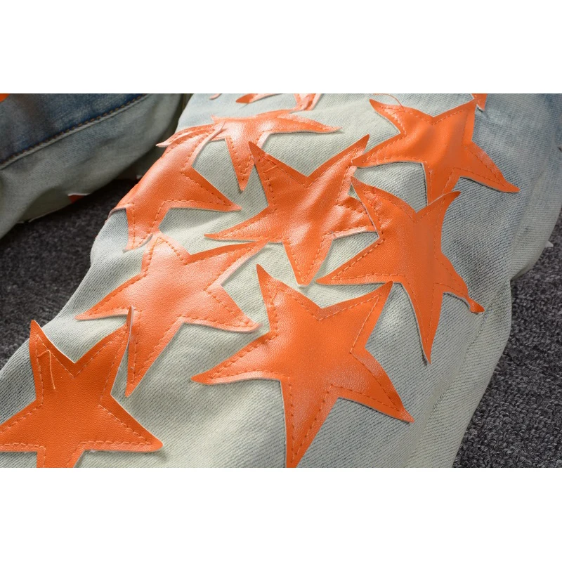 Best Sellers Men\'s Distressed Streetwear Light Blue Denim Pants Yellow Stars Patchwork Moustache Holes Ripped Jeans Pants