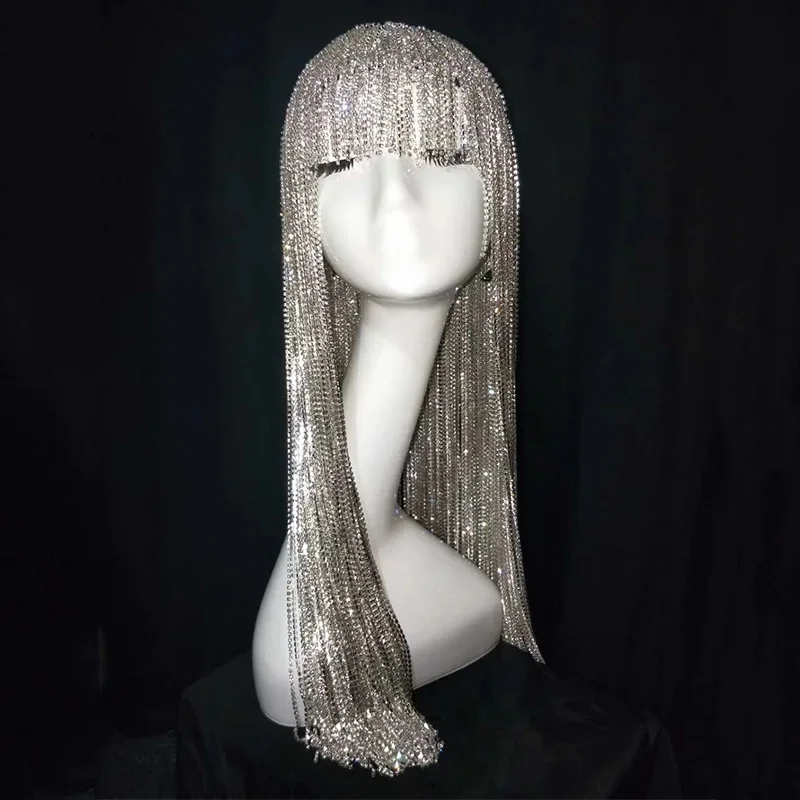 Bar Ds Dj Female Singer Dance Silver Rhinestone Chain Wig Headdress Headgear Flashing Diamond Rave Costume