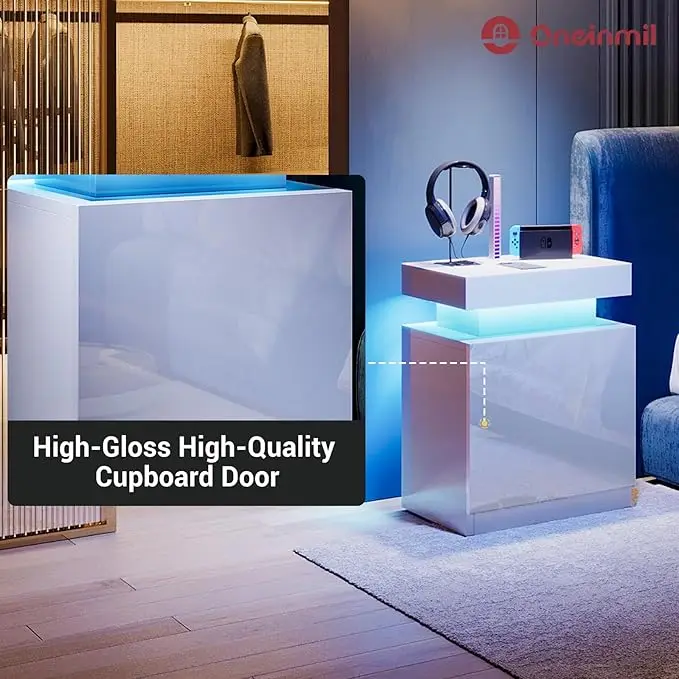 Nightstand Set of 2, LED Nightstand with One Cabinet, Bedside Table with LED Lights, Modern End Side Table for Bedroom, White