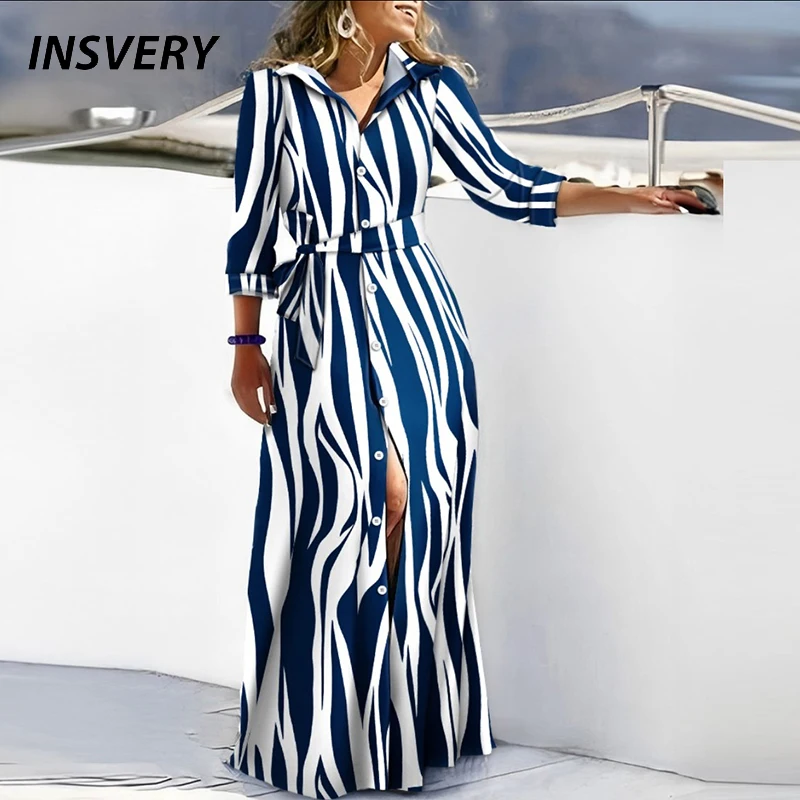 

Autumn Shirt Dress Women Elegant Turn Down Collar Button Long Dress Women Fashion Striped Print Party Dress 2023
