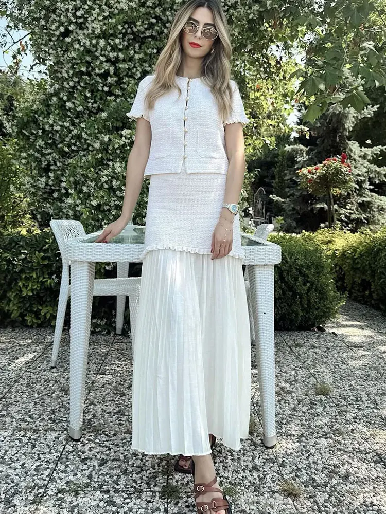 HH Women Elegant Solid Knitted Skirts Set O Neck Single Breasted Short Sleeve T-Shirt Tops Patchwork Skirt Office Lady Suits