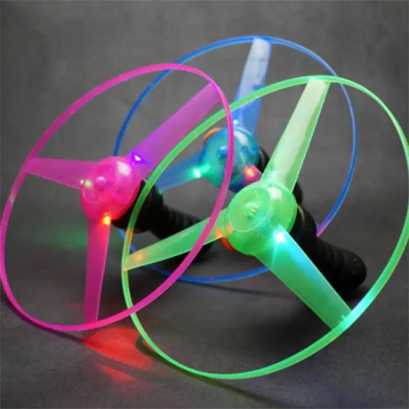 1pc Playing Plastic Pull String Spinning Line Toy Led Flashing Light Up Flying Saucer UFO LED Handle Kid Popular Outdoor Toys 6