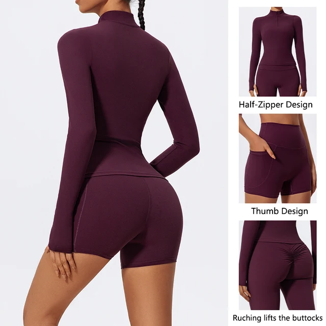 Hearuisavy نصف سستة ملابس اليوغا في الهواء الطلق تجريب الملابس عارضة الصالة الرياضية مجموعة النساء متوهج السراويل 2 قطعة الرياضة طويلة الأكمام قميص البدلة 2