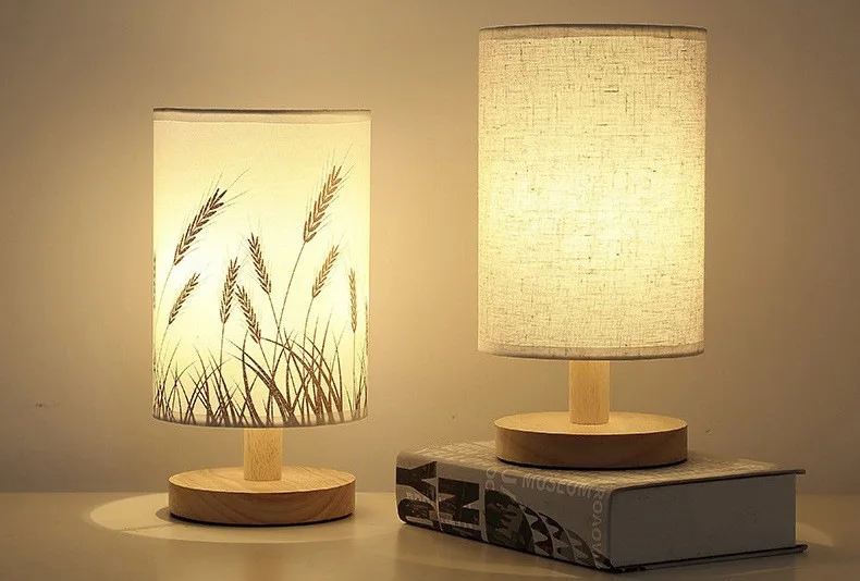 Solid Wood Night Lamp New Linen Table Lamp LED Desk Lamp Eye Protection Nightstand Lamp USB Powered Beside Lamp Bedroom Decor