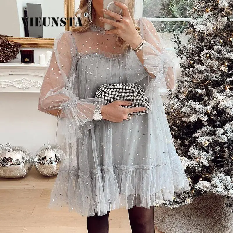 

2024 Spring Elegant Patchwork Mesh Dress Lady See Through Gauze Long Sleeve Dress Women Stars Sequins Temperamental Fairy Dress