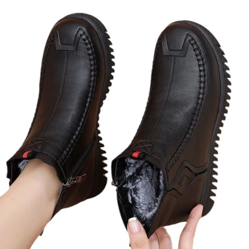 New Winter Women Ankle Boots Comfort Soft Sole Mom Short Boots Warm Plush Laides Cotton Shoes Female Non-slip Leather Booties
