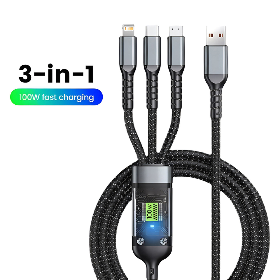 3 In 1 100W Transparent Pilot Lamp Super Fast Charging Cable Universal with Type C Usb Micro for Iphone Samsung Huawei Xiaomi 6A