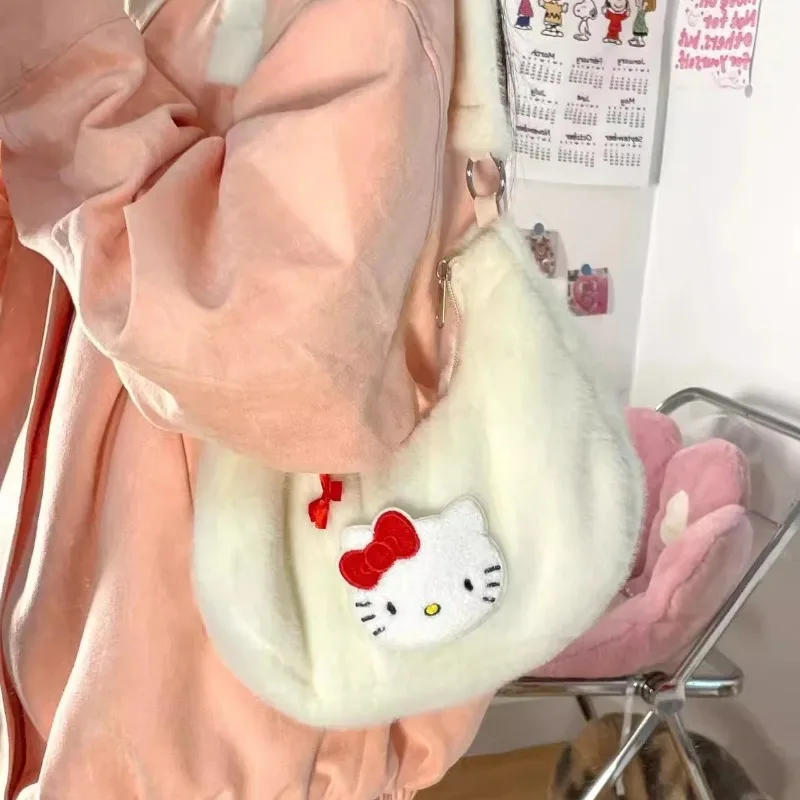 MBTI Hello Kitty Shoulder Bags for Women Trend 2024 White Plush Cute Sweet Handbag Y2k Original Female Fashion Aesthetic Bags
