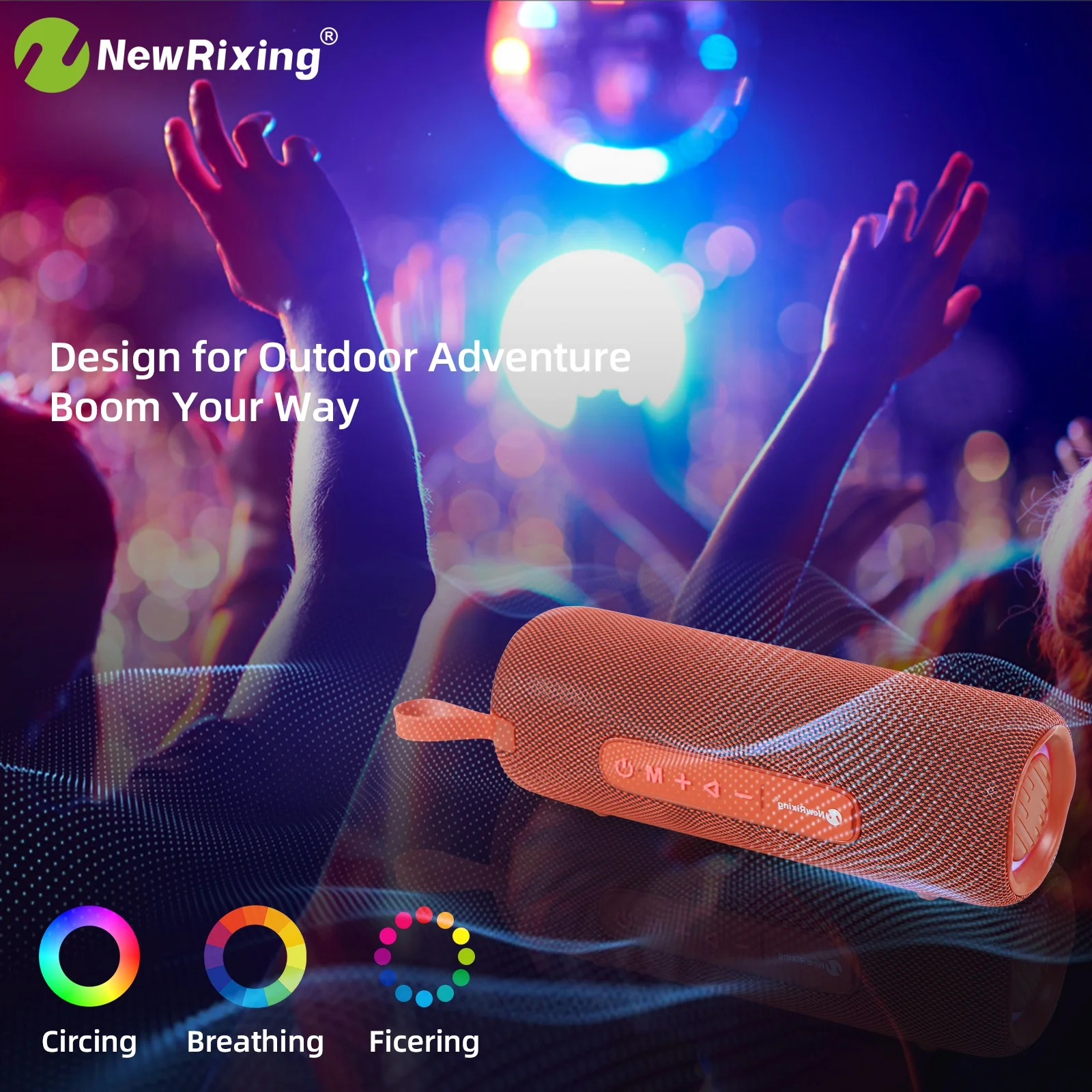 NewRixing 16W Portable Wireless Speaker,Outdoor speakers,BT speaker,Fabric appearance,RGB lights,Suitable for BT/AUX/TF/USB/TWS