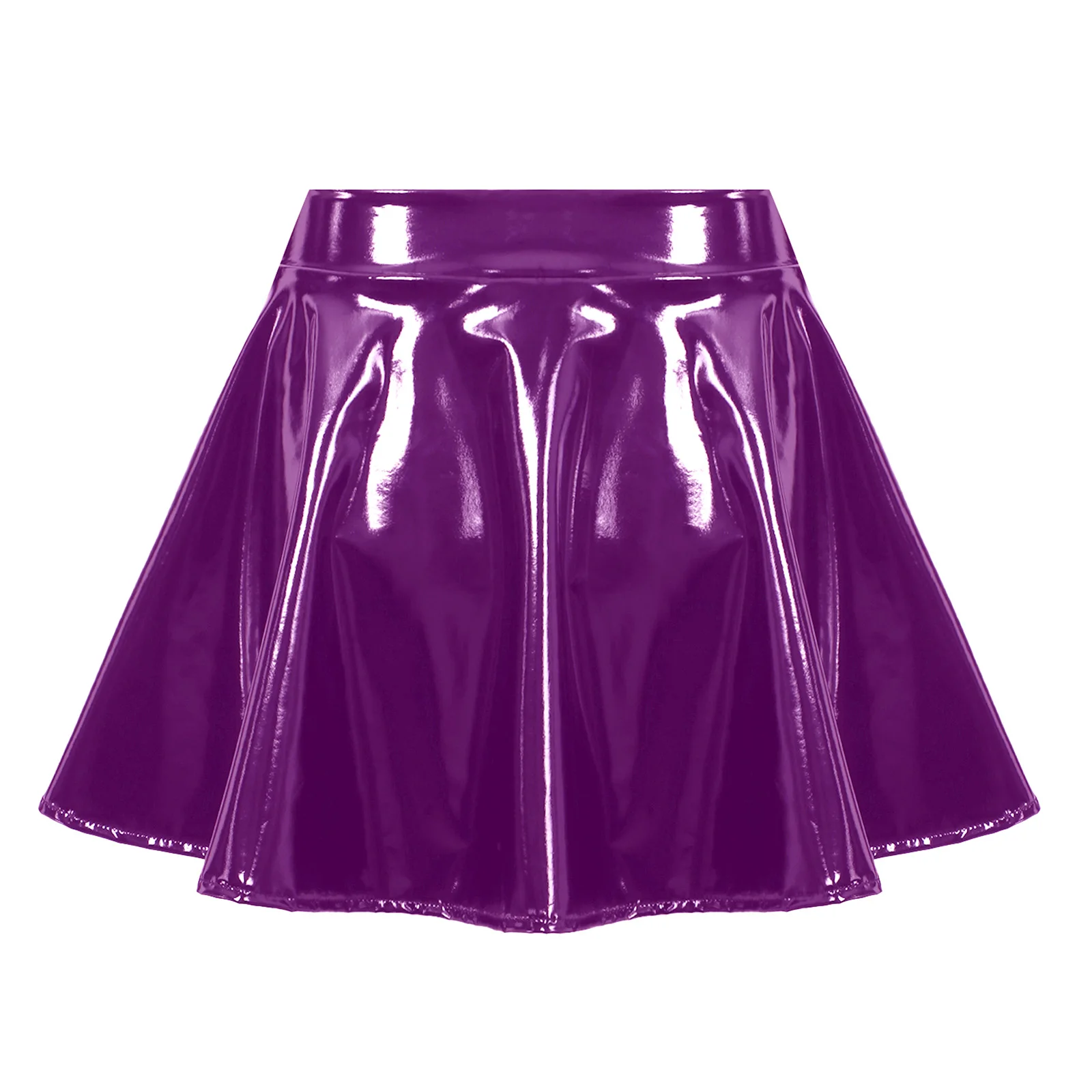 

Womens Invisible Zipper A-Line Mini Skirts Glossy Patent Leather Flared Mini Skirt Rave Bar Party Club Dance Performance Costume