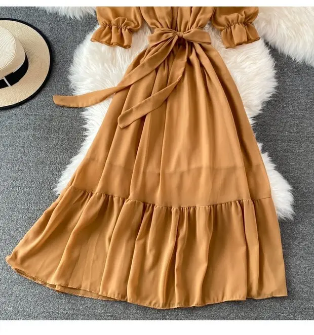 Beach Dress Women Sexy Off The Shoulder Slash Beach Chiffon Dresses Ladies Elegant A Line Bandage Party Dress Long Robe