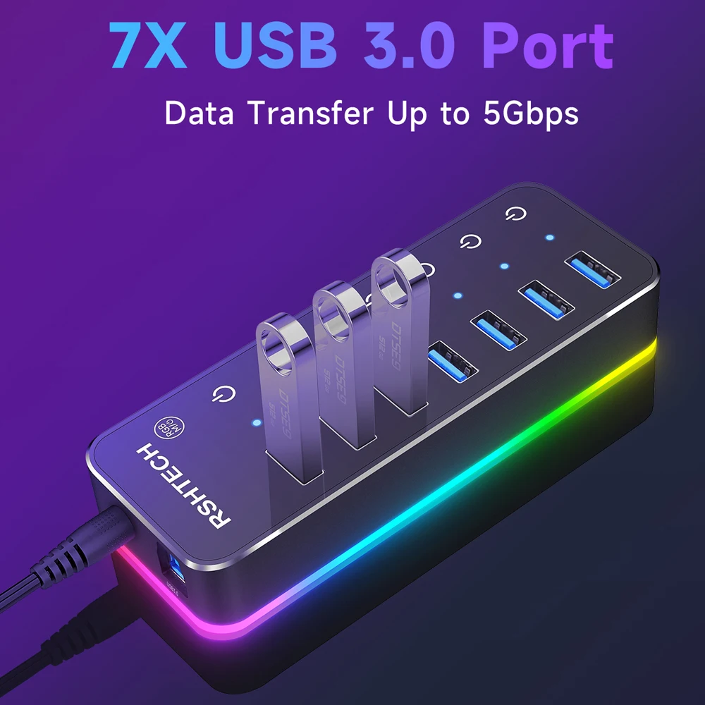 RSHTECH 7 Port Powered USB 3.2 USB C Hub 10Gbps USB-A 3.2, 2 USB C Hub 10gbps Usb A 32 2 Usb C 324 Usb 30 Ports Individua