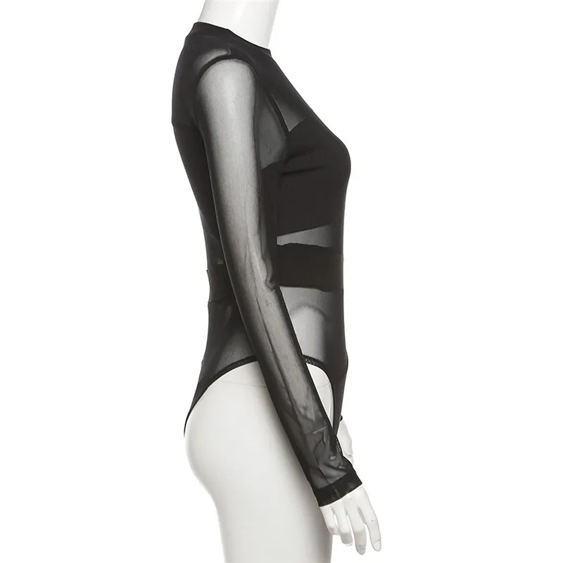 BKLD 2024 Autumn Fashion Women Trending Clothing New Sexy Perspective Mesh Patchwork Slim Fit Long Sleeve Tops Black Bodysuits