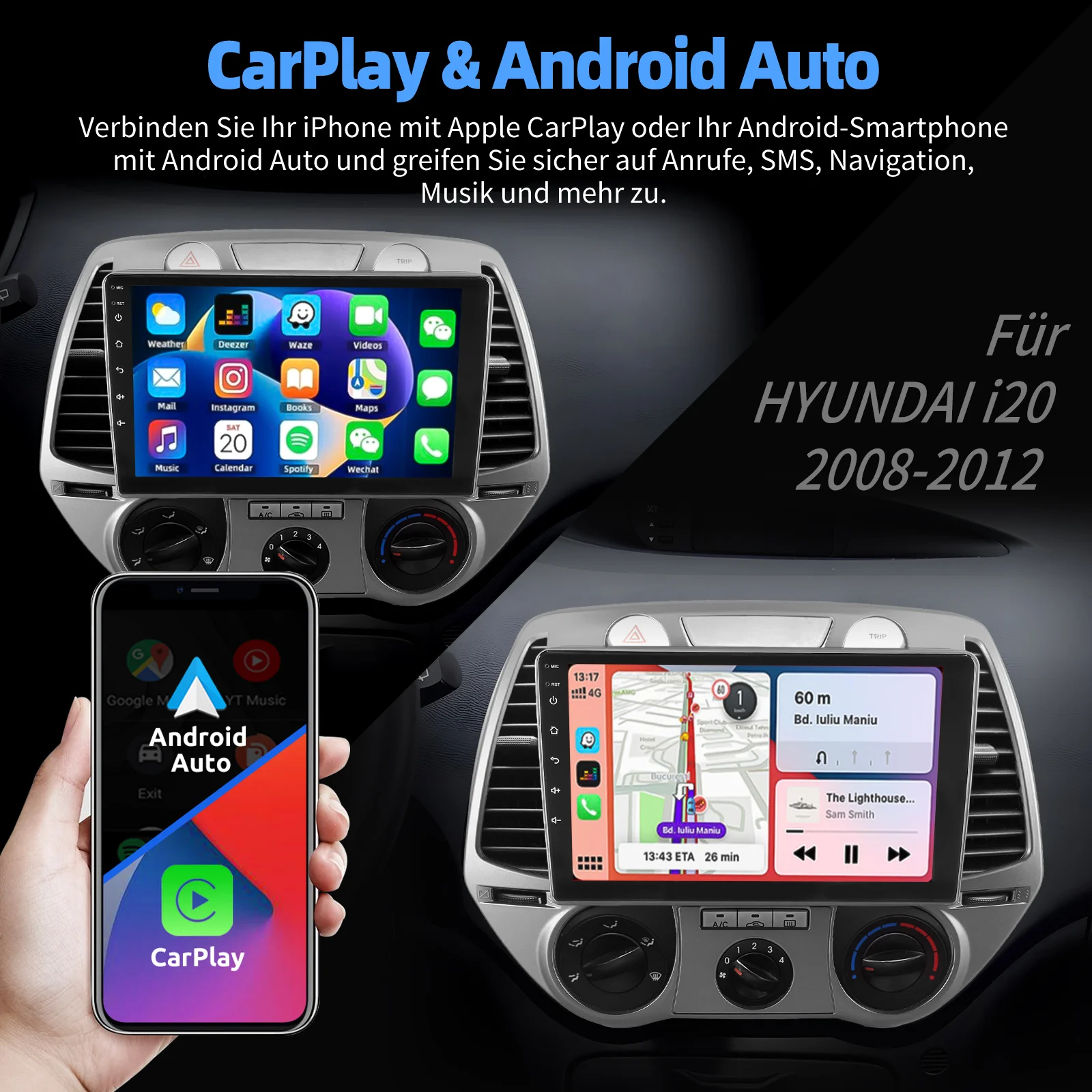 ESSGOO IPS Touchscreen Display Wireless CarPlay Android Auto Android 14 9" Für Hyundai i20 PB 2008-2011 Autoradio GPS Navigation USB FM Wifi Bluetooth Lenkradsteuerung Mirror Link RDS 2+32G/2+64G/4+64G – Detail 8