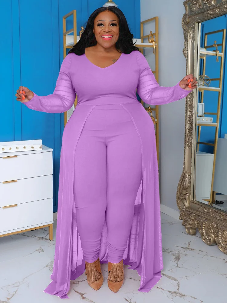 Wmstar Plus Size Jumpsuit Women Clothes Sexy Solid Bodycon Mesh V Neck Sleeve Romper One Piece Outfit Wholesale Dropshipping