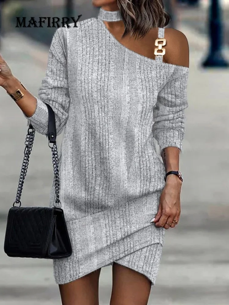 

Autumn Winter Hollow Out Chain Patchwork Dress Elegant Office Lady Long Sleeve Slim Dress Casual Halter Women Mini Dress Vestido