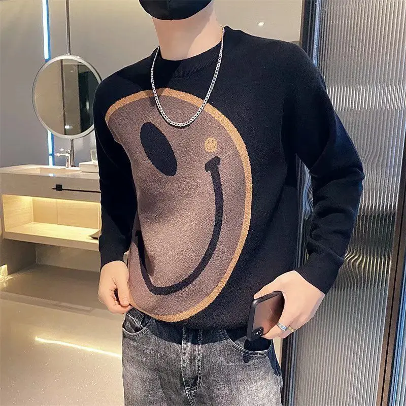 Men's Pullover Round Neck Sweater New 2023 Autumn Winter Handsome Printed Checkered Solid Color Long Sleeved Knitted Bottom Tops